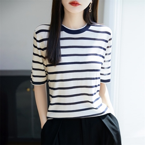 轻奢高级风！桑蚕丝撞色条纹圆领针织短袖T恤女图片