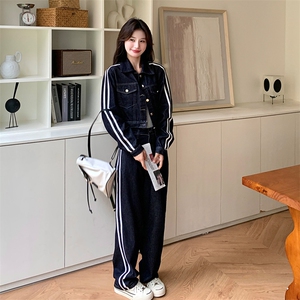 韩版设计感短款牛仔上衣套装女2025春秋季新款显瘦直筒长裤两件套图片