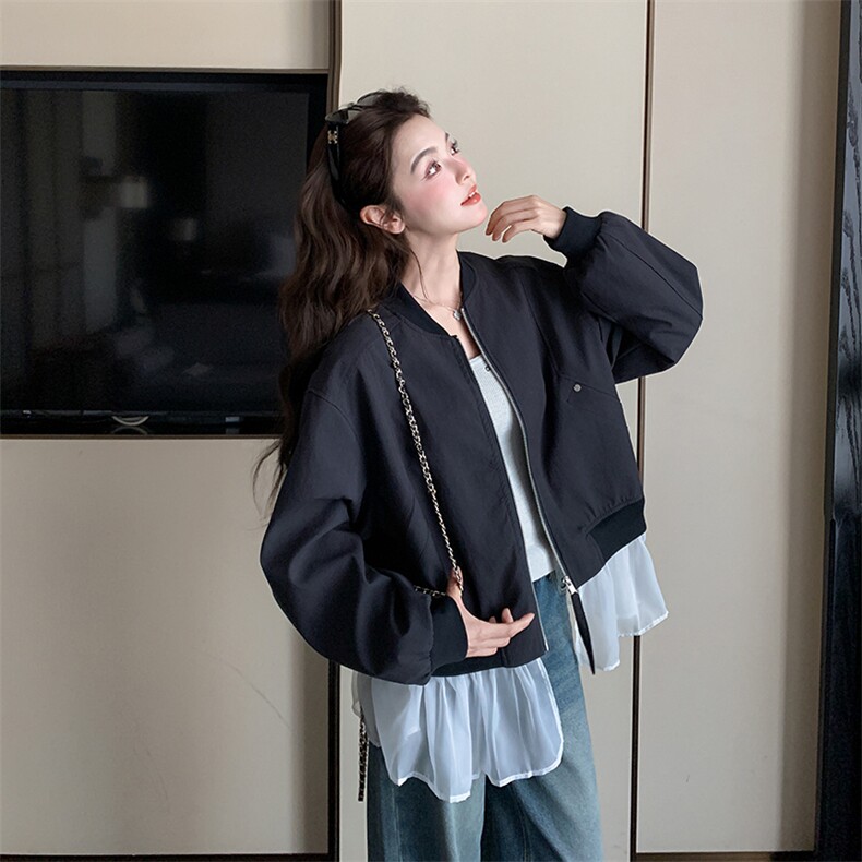 2026新款藏青色棒球服拼接网沙可脱卸夹克外套,女装短外套,纯色衣恋