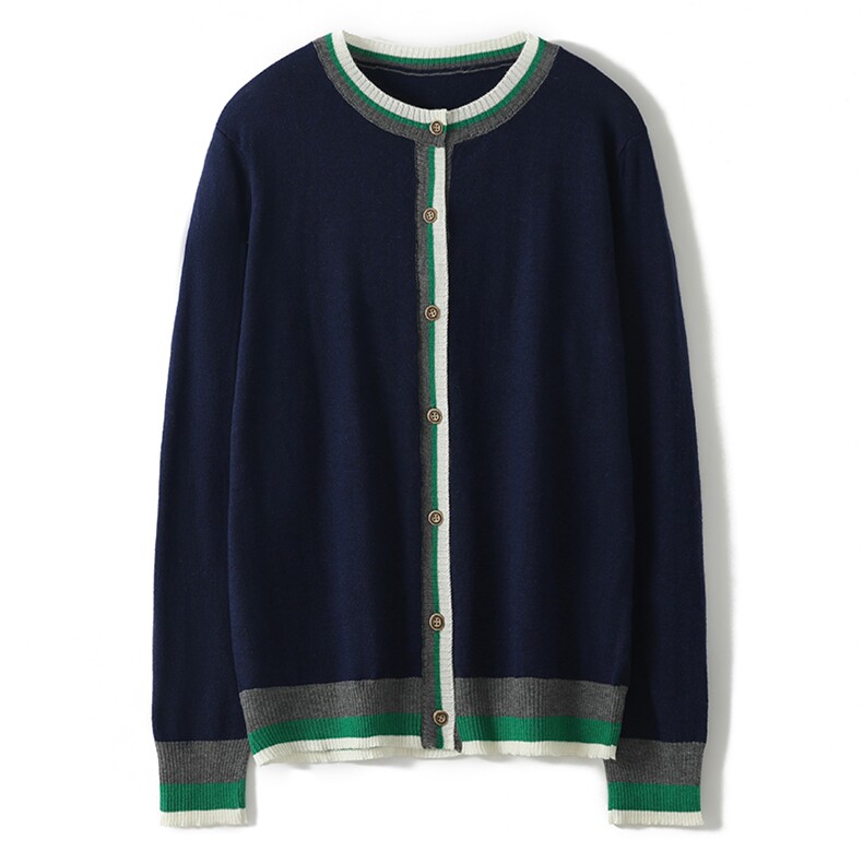 秋季新款显瘦百搭气质时尚潮流圆领拼色开衫，女装针织衫/毛衣，奥千羊绒