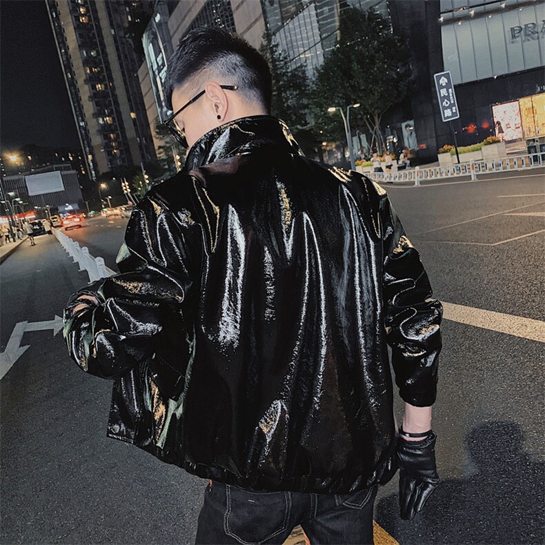 社会风小伙炸街机车黑武士PU皮亮面立领修身夹克D1150-P115控148,男装皮衣,星座308A