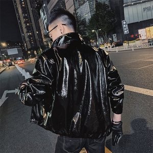 社会风小伙炸街机车黑武士PU皮亮面立领修身夹克 D1150-P115控148图片