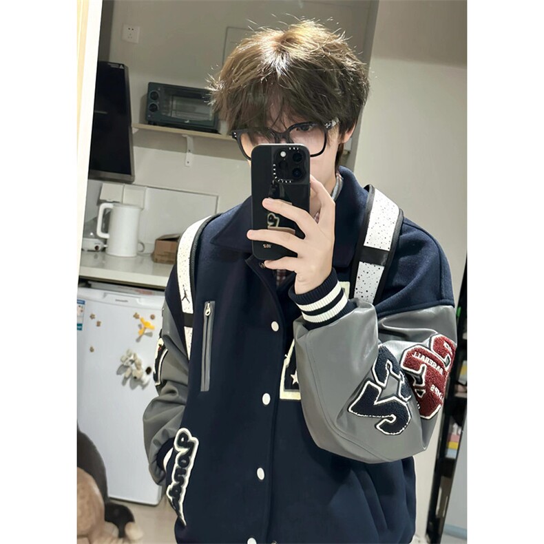 美式复古棒球服男女秋冬潮牌2024情侣夹克外套加棉款P88JK608,男装夹克,星座1116A（原606A-3）