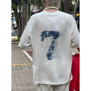 抖音得物 210克现货宽松纯棉美式潮牌印花落肩袖纯棉T恤AT21104图片