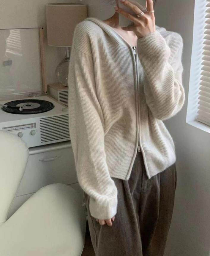 秋冬新款连帽针织拉链纯色毛衣女帽衫打底羊毛衫，女装羊毛衫，恩泰羊绒