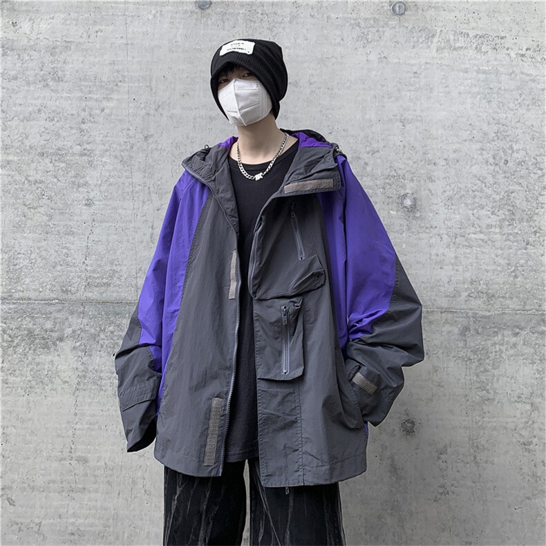美式复古拼色多口袋冲峰衣连帽高街露营风潮牌夹克外套JK0102-P65,男装夹克,星座308B-1