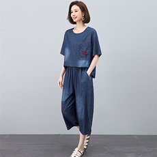 2025年新款夏季刺绣女休闲韩版宽松牛仔套装，女装套装/套裙，独衣靓