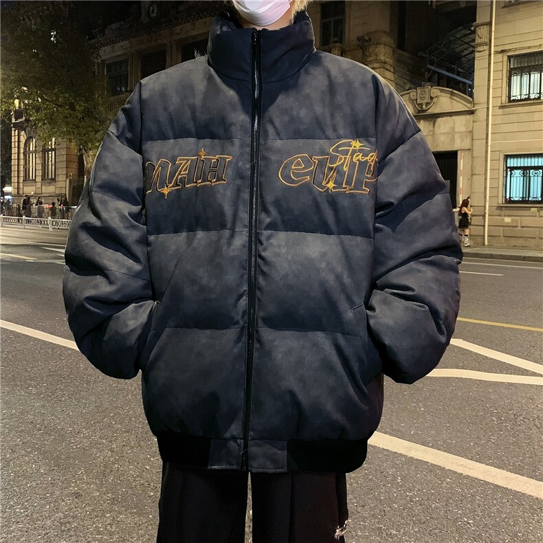 复古嘻哈PU皮加厚棉服男女oversize外套情侣宽松棉衣上衣M8030图片