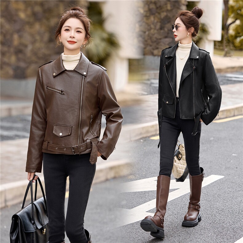 2025新款高级感小个子美拉德咖色翻领短款皮衣外套女秋冬加绒加厚，女装皮衣，江南女神