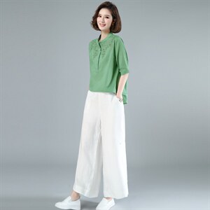 2022夏装新款棉麻刺绣短袖上衣休闲阔腿裤两件套套装，女装大码女装，木子恋
