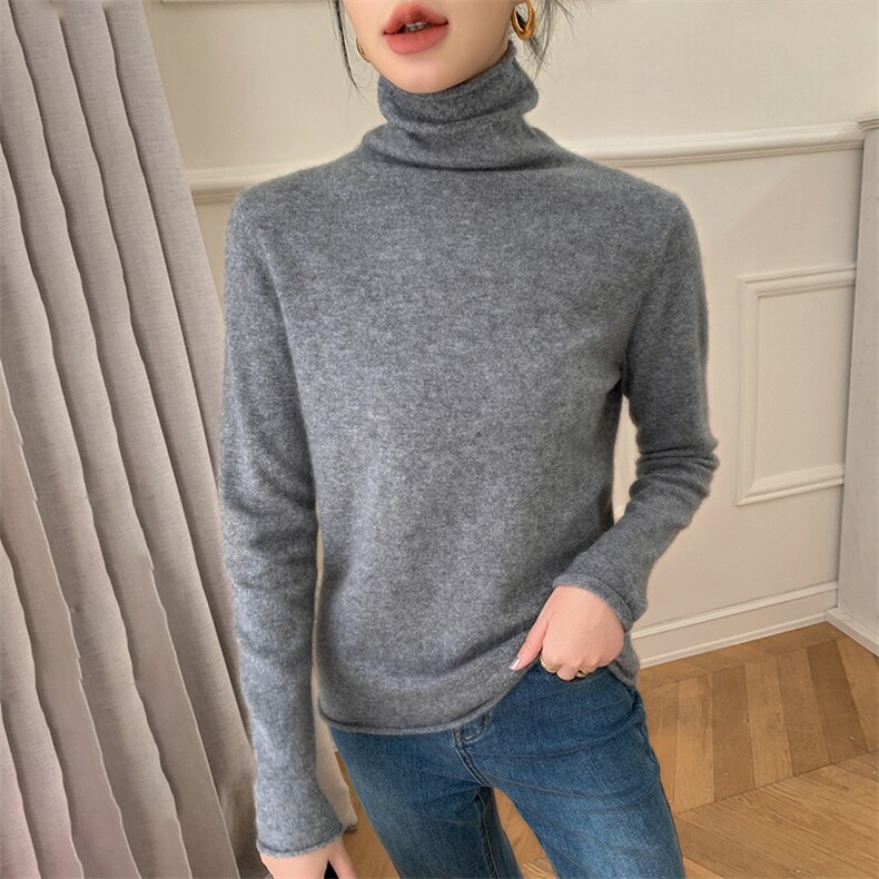 2024新款一线成衣卷边高领打底衫女秋季宽松显瘦堆堆领毛衣针织衫,女装羊绒衫,纳丰羊绒