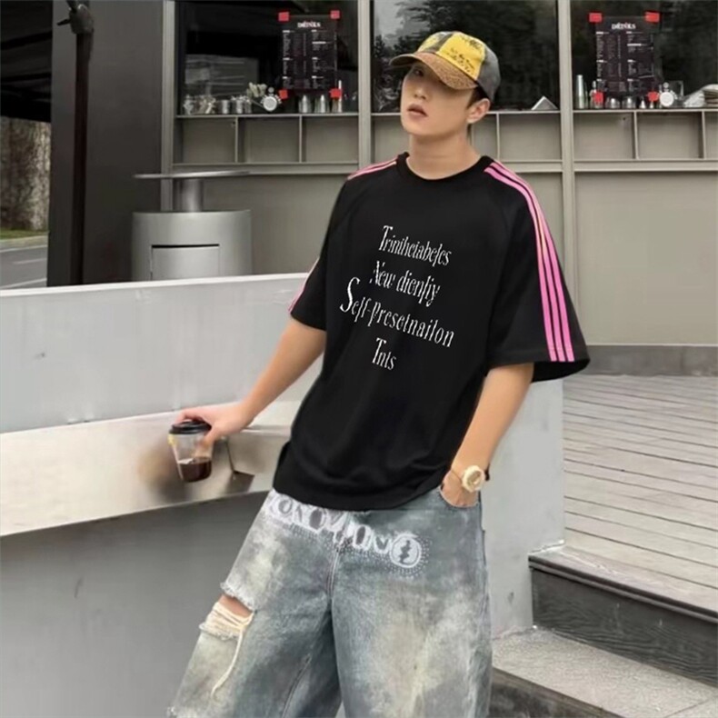 抖音得物品质二开240克宽松纯棉美式潮牌印花三条杠中性风短袖T恤,男装T恤,电商A486-1