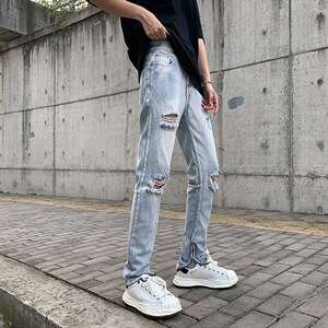 牛仔裤男夏季潮大码休闲裤子高街设计感裤子N745P46图片