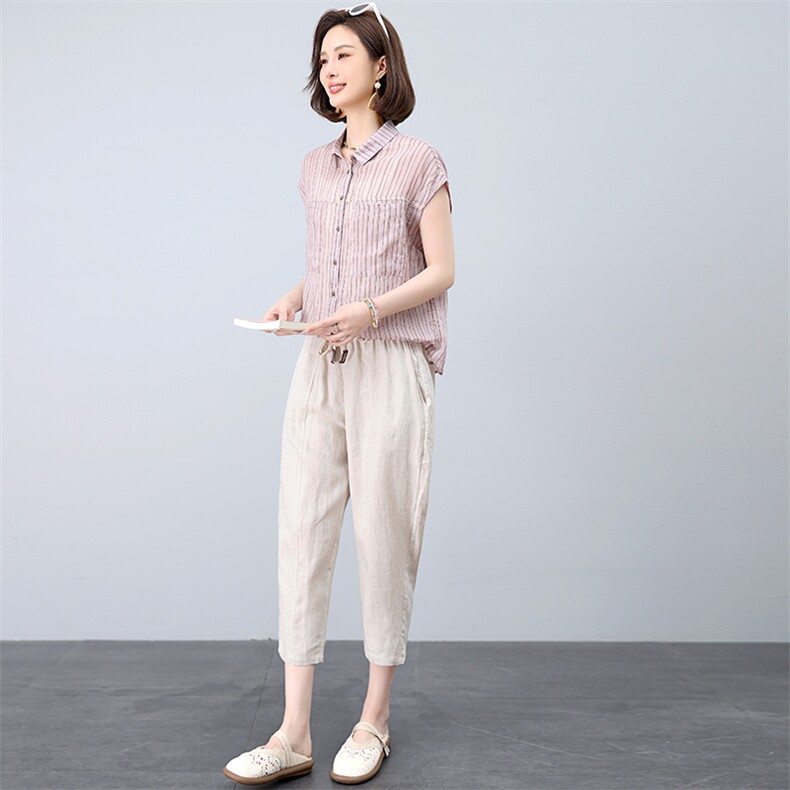 时尚套装女2025年新款夏装搭配一整套洋气减龄妈妈棉麻裤子两件套,女装套装/套裙,江忆布依