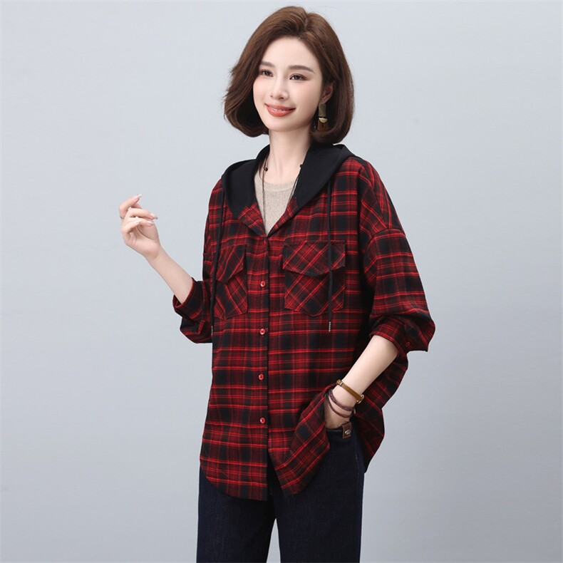 遮肉上衣春装女宽松显瘦2025新款春秋妈妈连帽格子衬衫外套图片