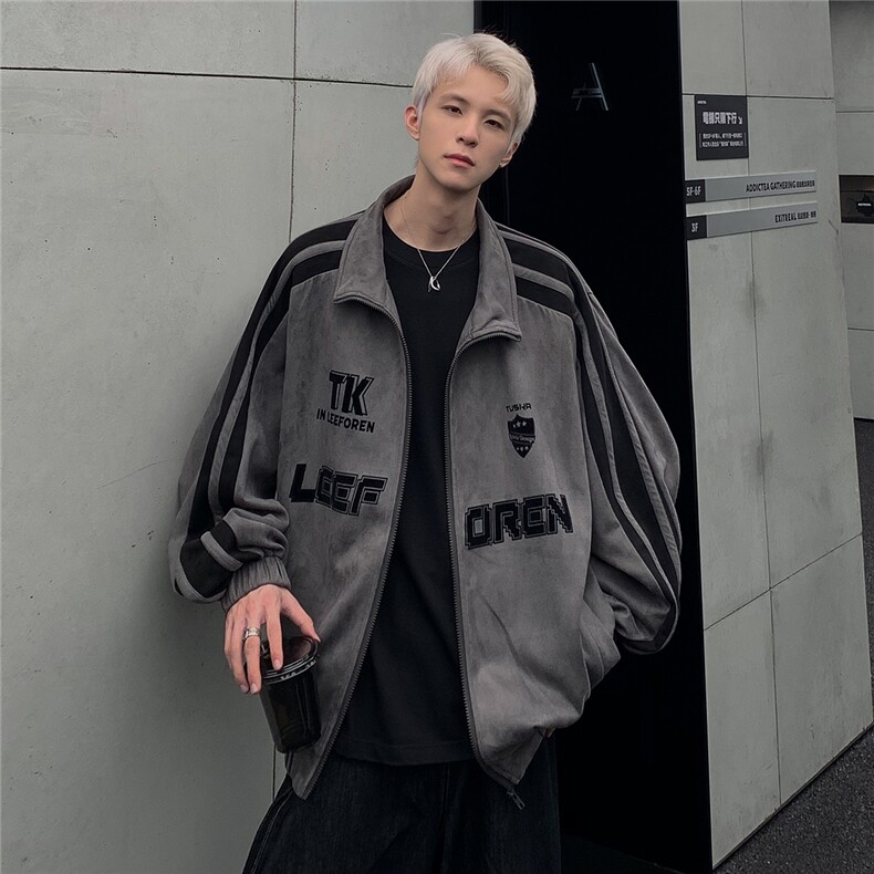 美式条纹鹿皮绒立领夹克宽松休闲拉链外套男JK108-P78,男装夹克,电商C307