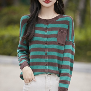 100%纯棉针织开衫女圆领条纹拼色加厚针织衫毛衣宽松带兜棉麻外套