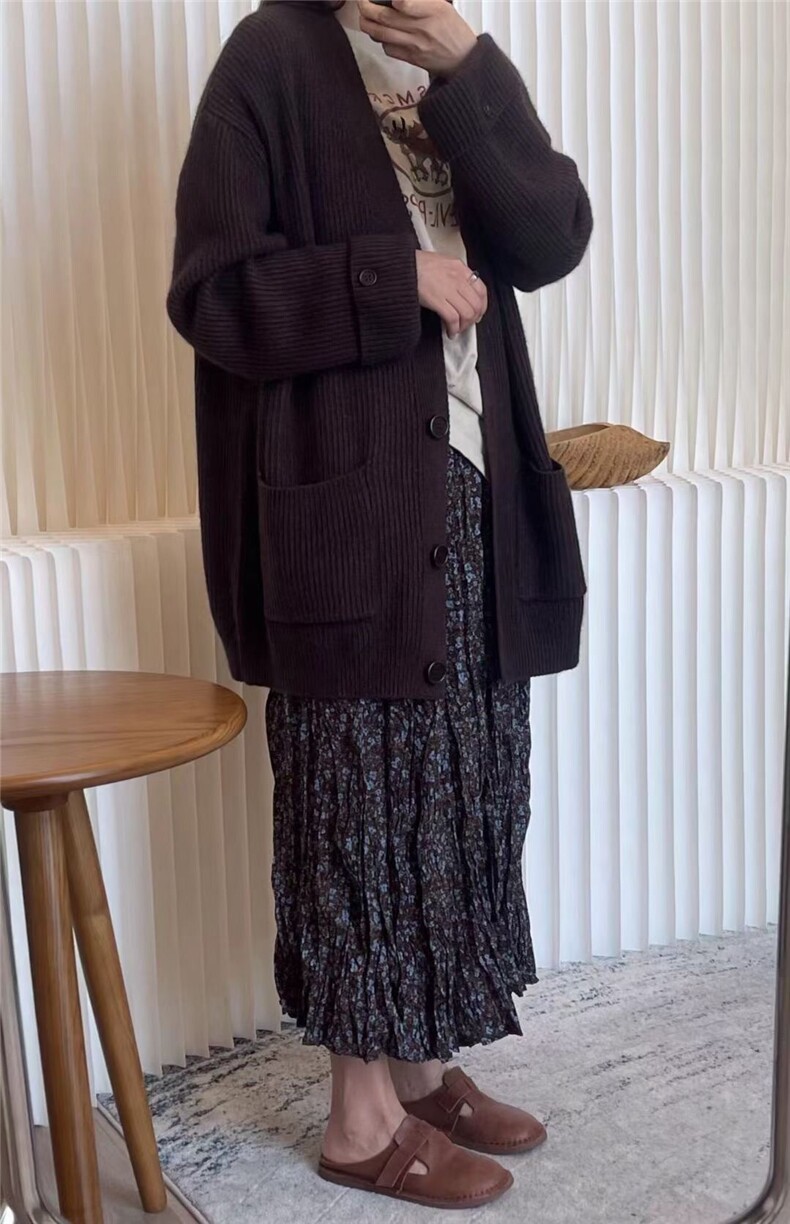 开衫女中长款V领秋冬慵懒软糯休闲宽松保暖针织衫,女装羊毛衫,纳慈羊绒