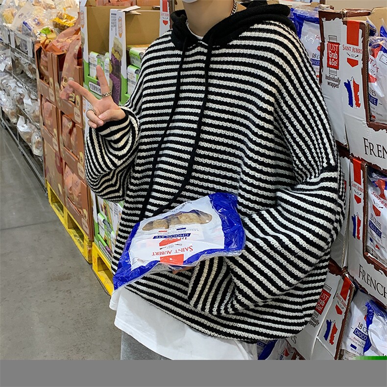 现货男装连帽毛衣宽松条纹毛衫休闲针织衫XZ716A-1-M269P75,男装针织衫/毛衣,星座716A-1（原星座815）
