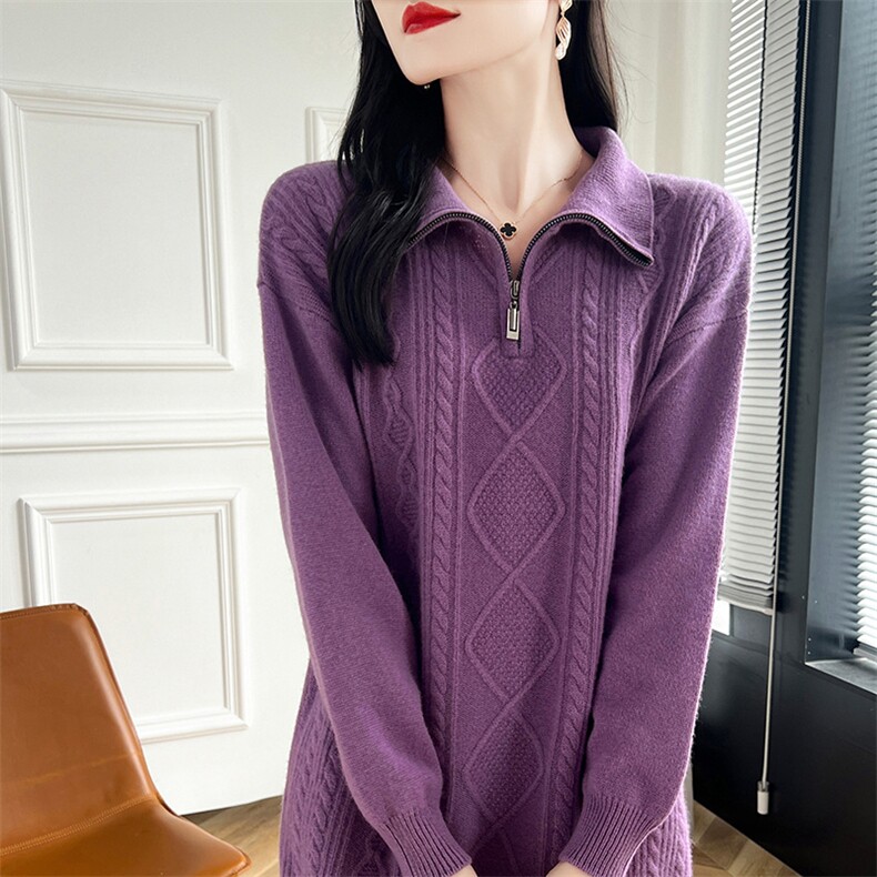 中长款100%纯羊毛衫女半开拉链菱形扭花针织毛衣宽松羊绒打底长裙,女装羊毛衫,蒙莲贝斯