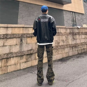 潮牌痞帅迷彩直筒工装裤男款春季裤子微喇vibe弯刀修身百搭牛仔裤图片