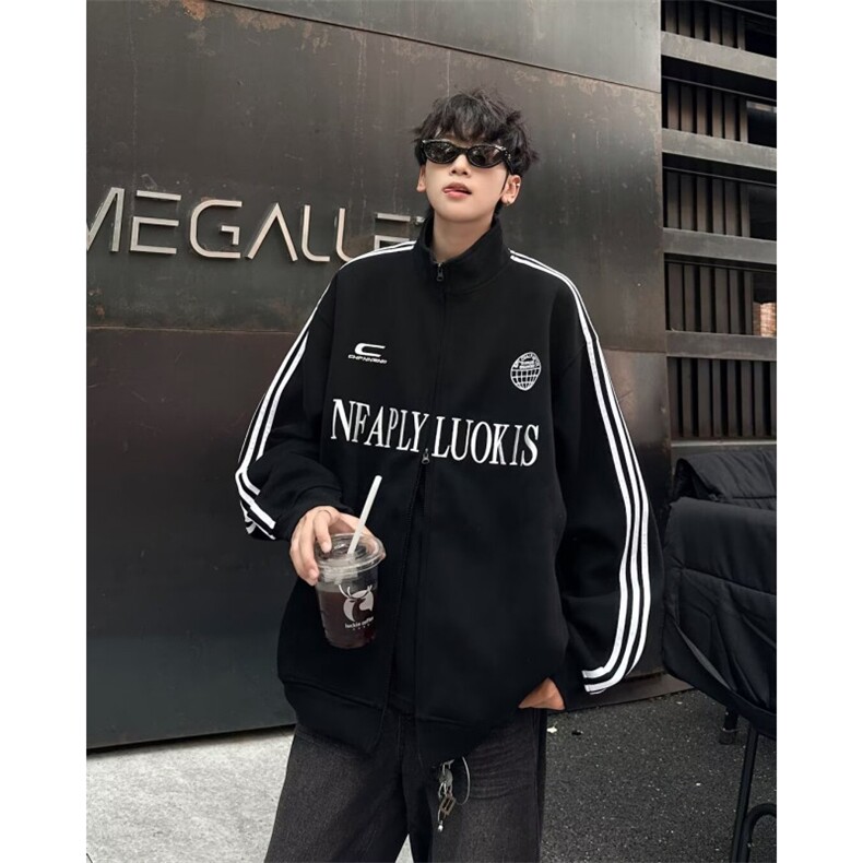 美式复古拉链条纹开衫潮牌高级感运动宽松夹克，男装夹克，四季星座505