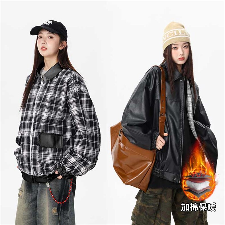 秋冬数据新款双面穿格子皮棉衣美式翻领百搭休闲棉服MF1088P110,男装皮衣,电商A128