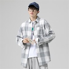 2021秋季新无影墙港风宽松翻领休闲大码男格子衬衫C512-P40，男装衬衫，电商A001