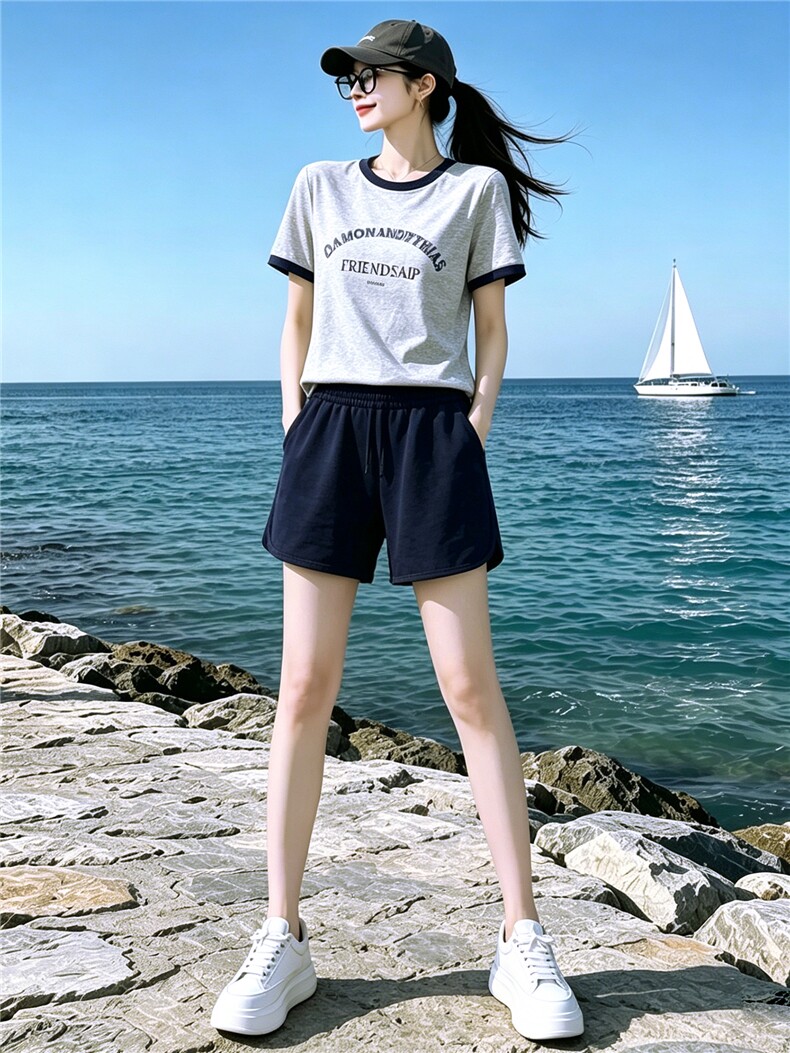 休闲时尚运动套装女夏新款圆领字母印花短袖上衣蓝色短裤两件套潮,女装套装/套裙,江南