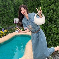 夏季新款韩版小个子胖mm大码中长款短袖宽松牛仔连衣裙子女士薄款，女装连衣裙，慧尚依恋