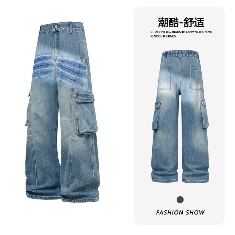 B221美式ins高街暗黑宽松直筒竹节纹工装牛仔裤LK26614-特P55控98图片