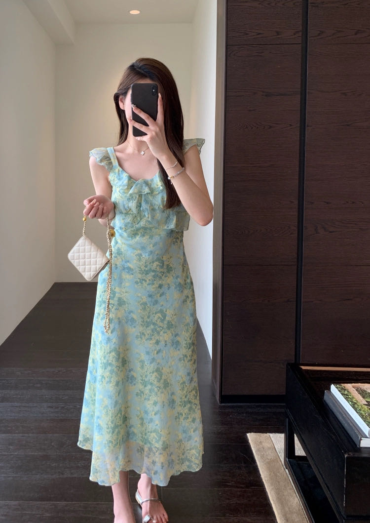 显白天丝绿印花荷叶吊带长裙连衣裙,女装连衣裙,湘姗