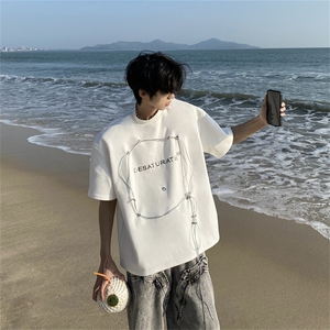 设计感垫肩短袖t恤男潮牌欧美小众原创高级美式高街夏重磅五分袖图片