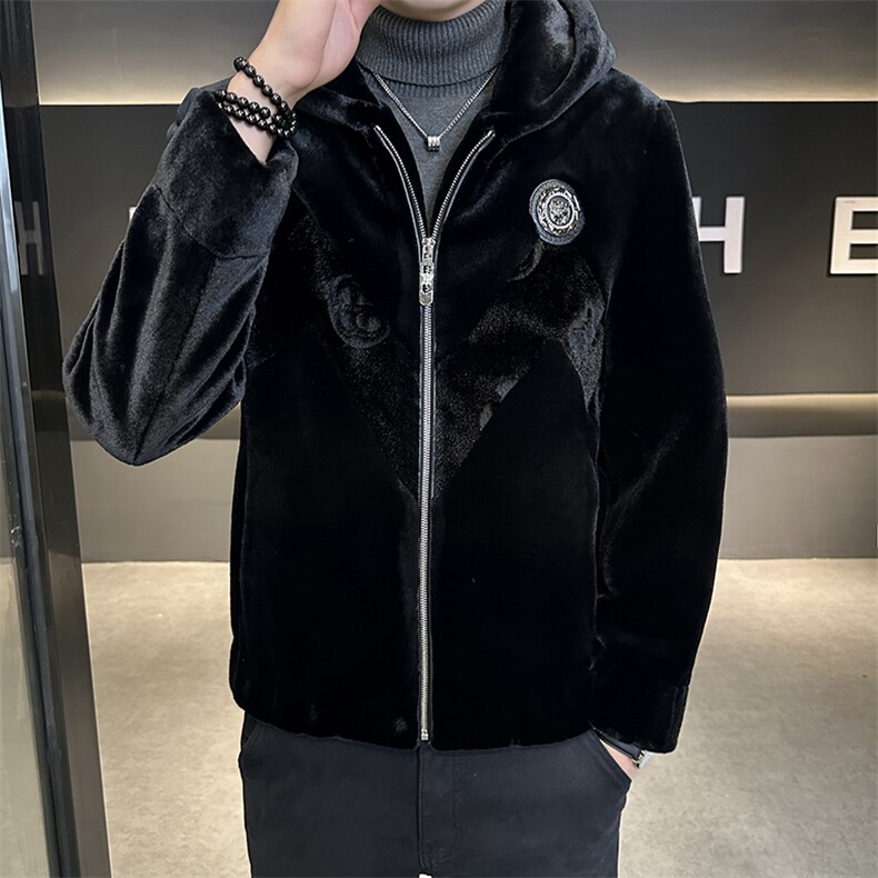 冬季加厚仿皮草男保暖爸爸装连帽商务夹克外套黑色ZX8930-P245,男装夹克,星座1105-3