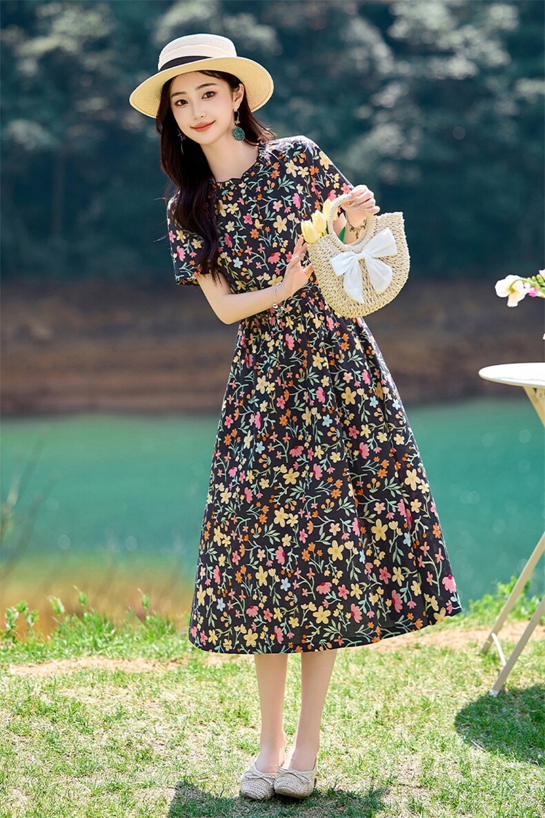 时尚潮流100%棉优雅气质休闲韩版收腰显瘦女装连衣裙印花中长款,女装连衣裙,倪叶myz