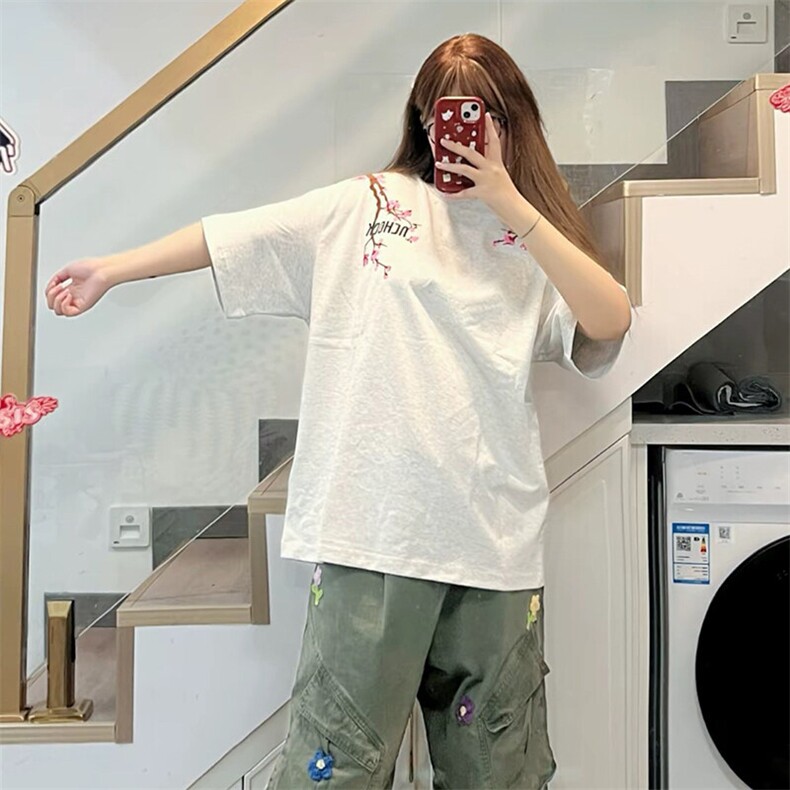 万针全刺绣工艺抖音得物高品质260克重磅纯棉双纱美式高街短袖T恤,男装T恤,电商A486-1