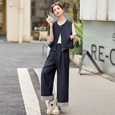 时尚条纹拼接休闲套装女2025夏新款洋气休闲马甲阔腿裤搭配一整套，女装套装/套裙，沁沁公主