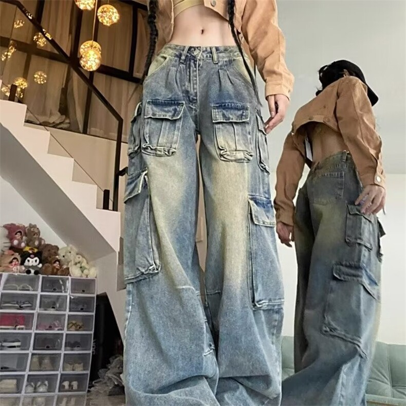 设计感高街美式复古工装裤女秋季新款阔腿牛仔裤宽松潮牌裤子,男装牛仔裤,星座506A