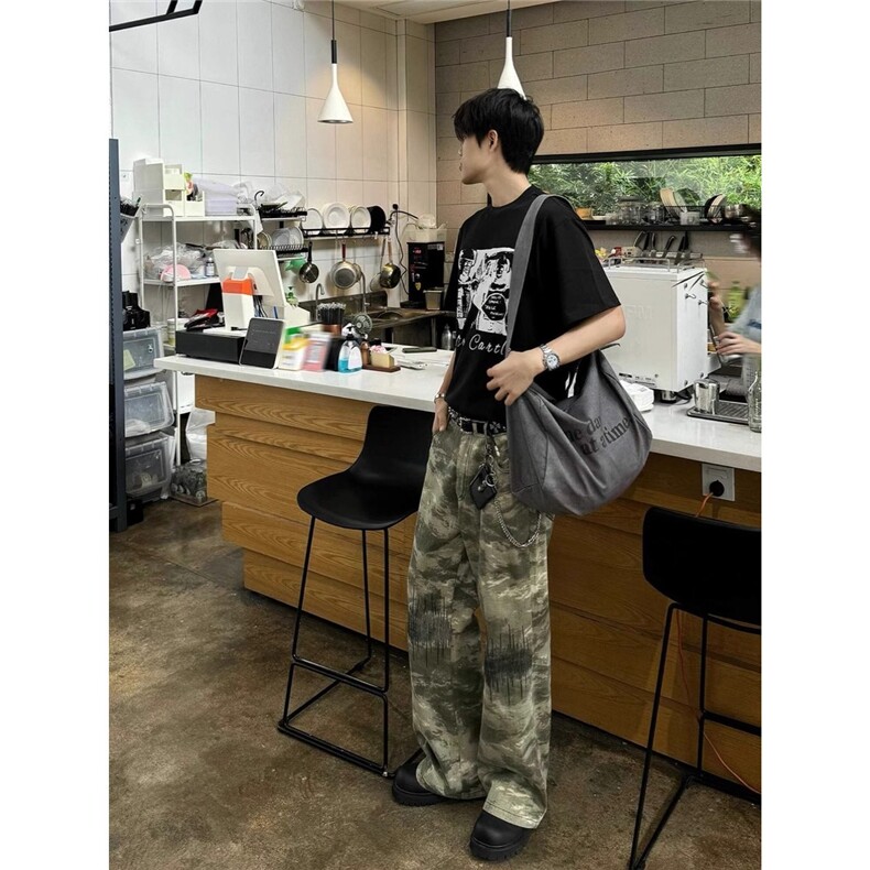 美式复古街头迷彩刺绣牛仔裤男女百搭潮微喇休闲直筒宽松阔腿长裤,男装牛仔裤,星座506A