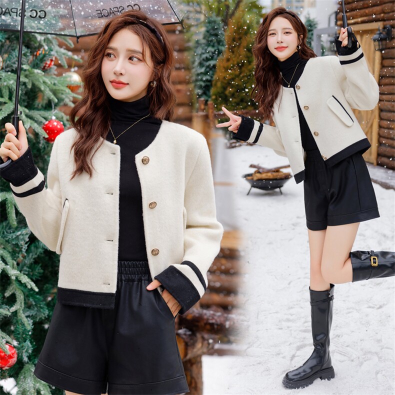 小香风拼色毛呢外套女短款2024秋冬新款时尚百搭圆领双面羊绒大衣，女装短外套，雅静靓衣