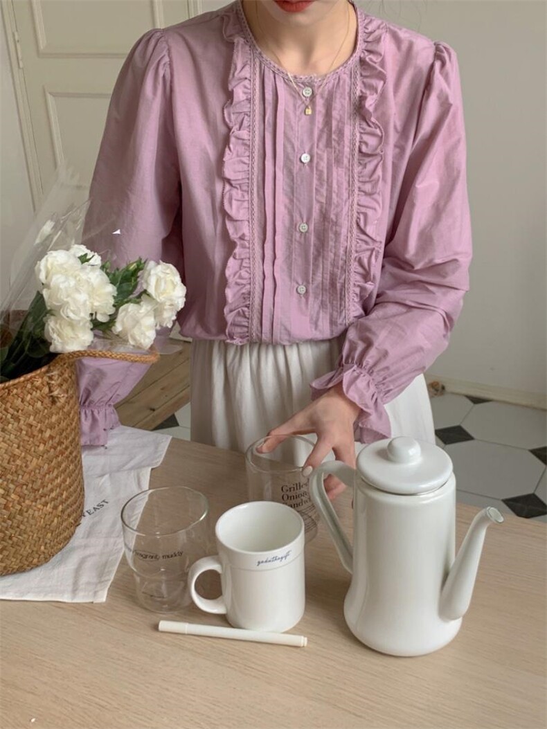 【小衫】圆领花边褶皱韩系小衫，其它，DAP