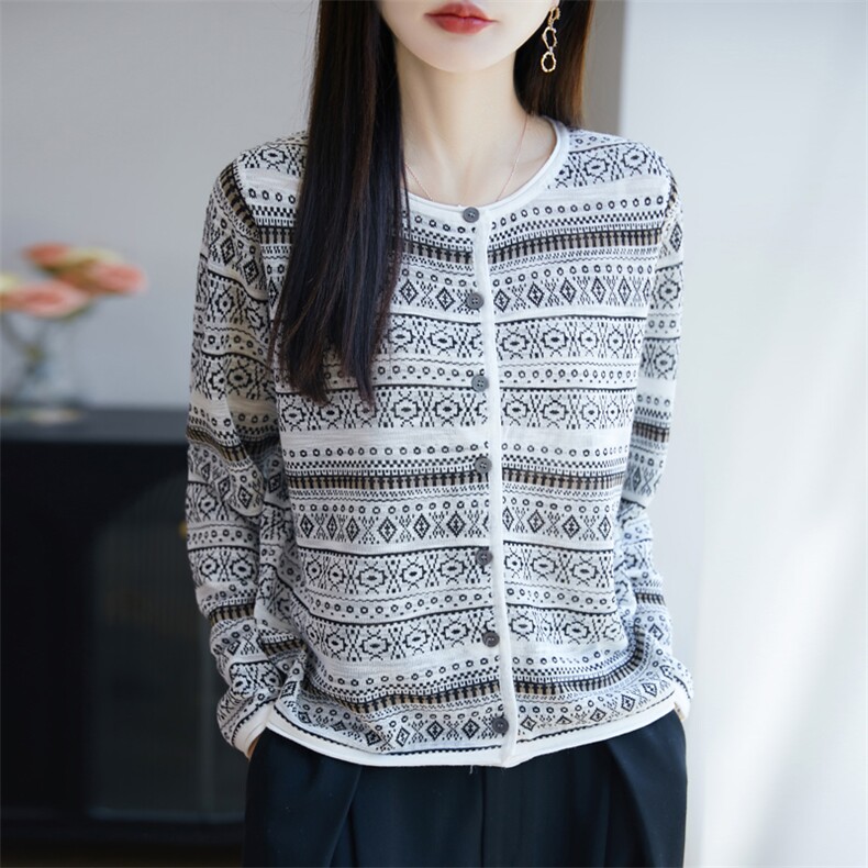 春夏复古拼色桑蚕丝亚麻针织开衫女圆领长袖外套毛衣宽松休闲上衣,针织衫/毛衣,大美人高端店