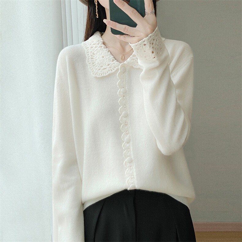 重工钩花100纯羊毛开衫女POLO领宽松时尚衬衫洋气减龄针织衫上衣，女装针织衫/毛衣，江南羊绒