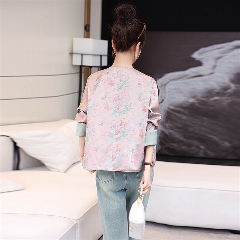 闺舍新中式风外套女装2025春秋新款小个子提花复古盘扣唐装上衣,女装短外套,天丽