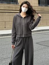 女春款欧货时尚休闲套装灰色连帽开衫上衣宽松软糯阔腿长裤两件套，女装套装/套裙，江南