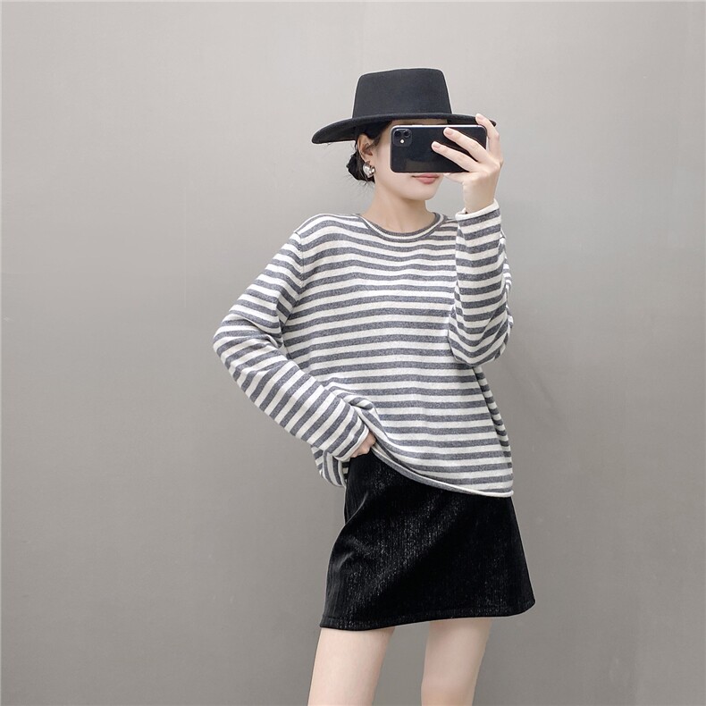 HE|条纹系文艺baby山羊绒衫女圆领宽松落肩袖针织毛衣打底衫，女装针织衫/毛衣，织绒羊