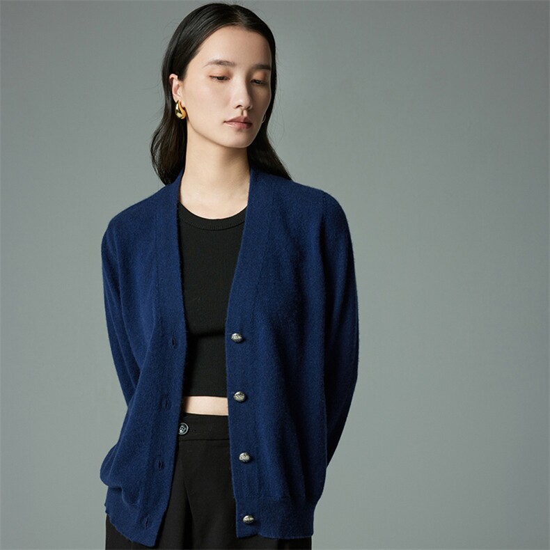 HE|自由主义唯美baby山羊绒针织开衫女V领宽松毛衣深邃蓝外套,女装羊绒衫,木淼羊绒