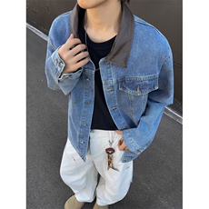 港风秋款男女牛仔夹克衫pu皮领宽松外套JK0072P65，男装夹克，星座1013-1
