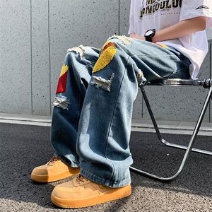 高街拼色牛仔裤男士韩版潮流刺绣拼色2024夏季ins长裤RK1830-P53