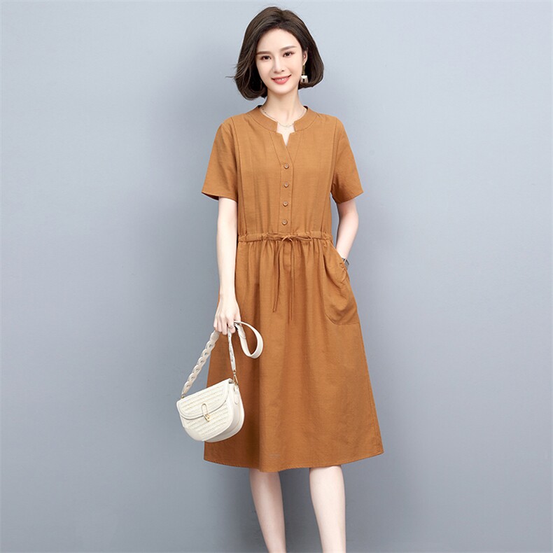 棉麻连衣裙女2025年夏季新款气质减龄收腰显瘦中年妈妈亚麻中长裙,女装连衣裙,忆绮罗